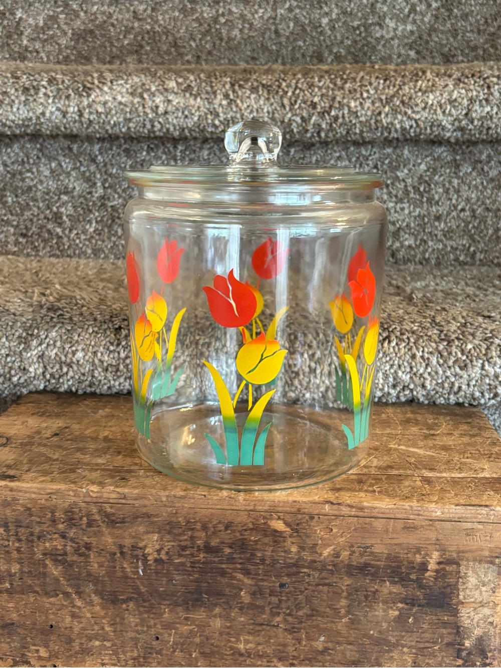 Glass Tulip Cookie Jar - Yellow & Red Floral Design